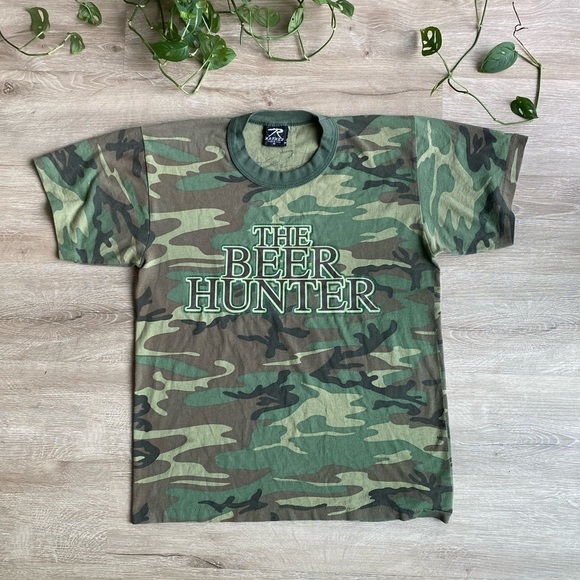 Vintage Camouflage Camo Print “The Beer Hunter”  Ringer T-Shirt Made in USA - Picture 1 of 9